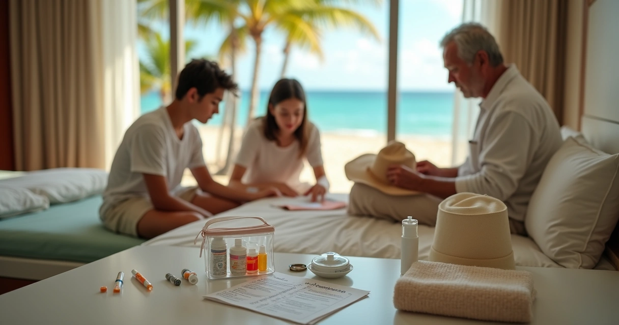 Família em quarto de hotel tropical organizando remédios e itens antialérgicos