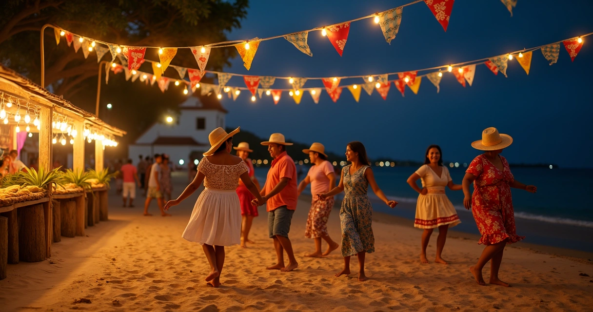 Quadrilha de festa junina em área de praia com decoração típica e igreja ao fundo