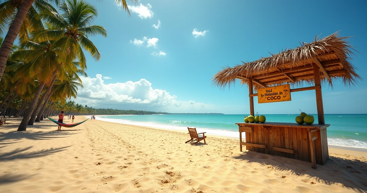 Barraca simples de coco em praia vazia e ensolarada em Ilhéus fora de temporada
