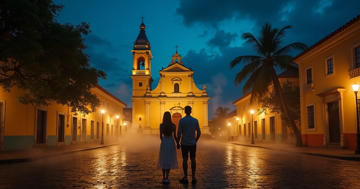 Casal observando antiga igreja iluminada ao anoitecer em Ilhéus