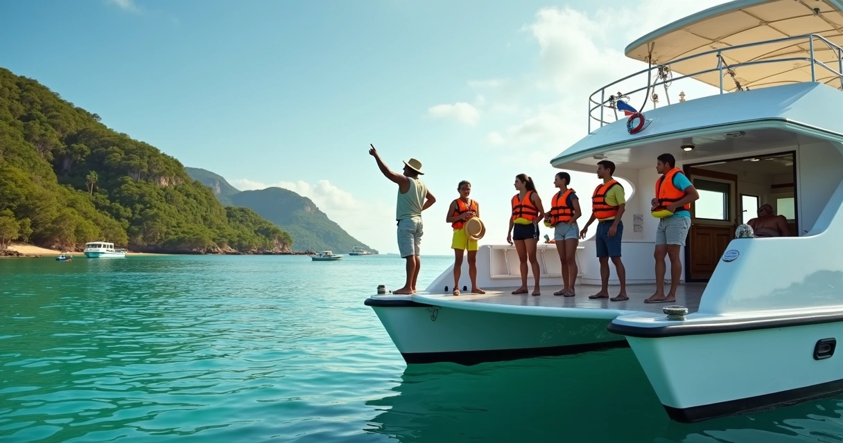 Grupo com coletes salva-vidas alinhados em barco de passeio no sul da Bahia
