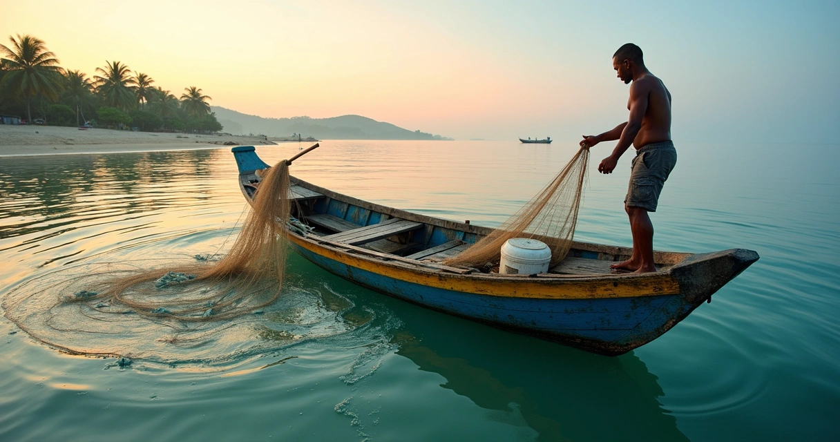 Barco pequeno com pescador recolhendo rede de pesca artesanal ao amanhecer