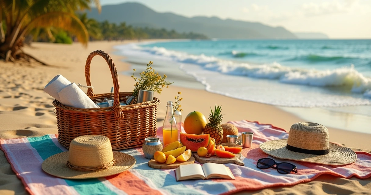 Toalha de piquenique colorida montada na areia de praia tropical com cesta e comidas variadas.