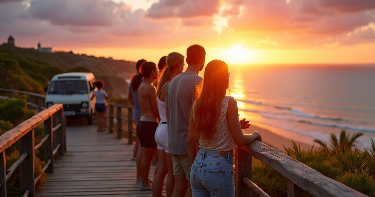 Casal em mirante de Ilhéus observando pôr do sol sobre o mar