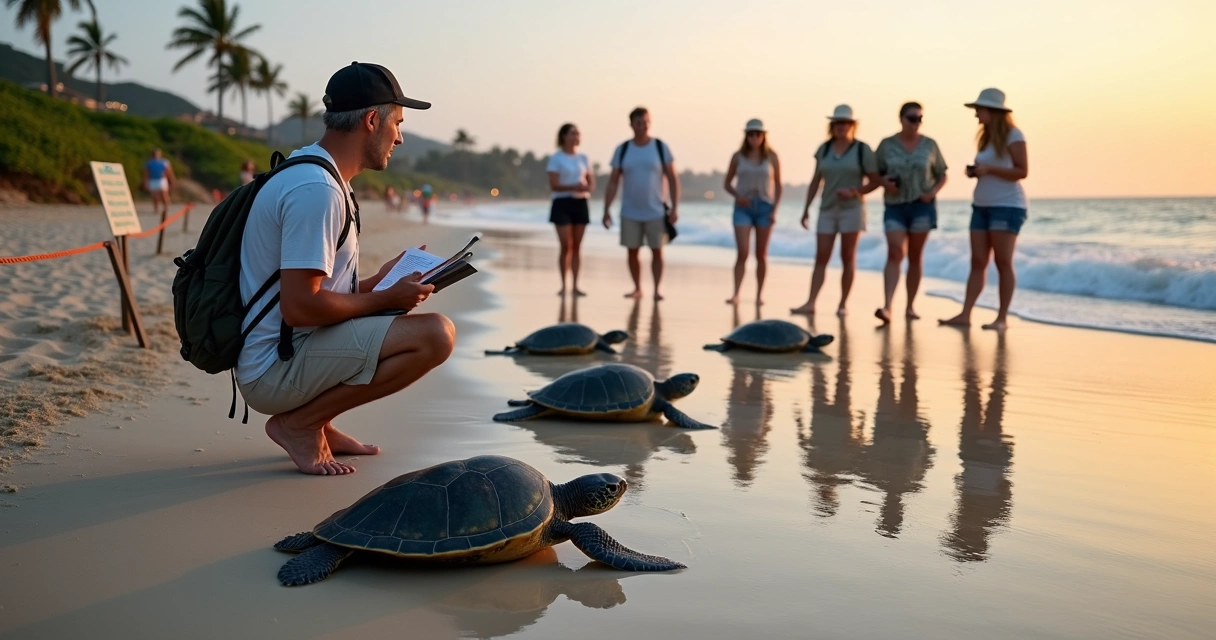 Turistas com bióloga observando tartarugas marinhas na areia ao pôr do sol