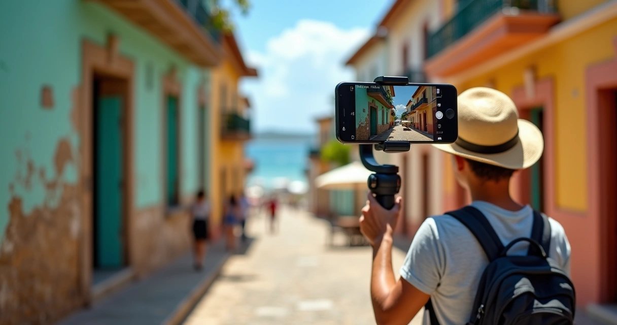 Turista gravando vídeo de rua histórica colorida em dia ensolarado