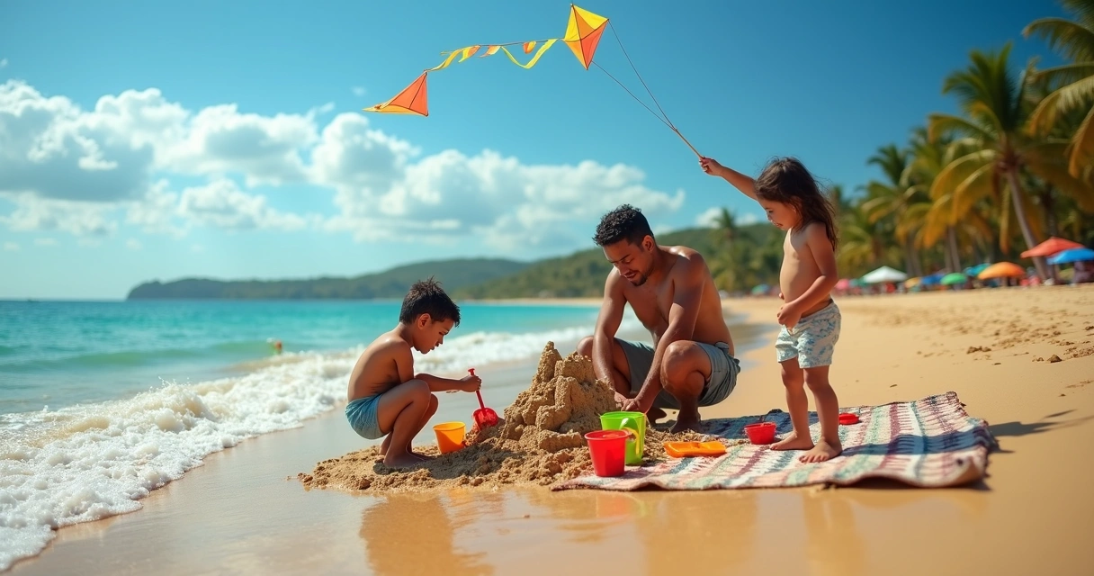 Crianças brincando com a família em castelo de areia em praia tranquila do sul da Bahia