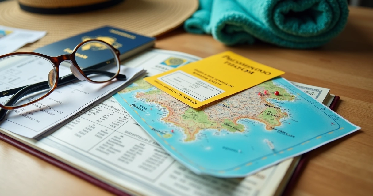 Mesa organizada com documentos de viagem, passaporte e carteira de identidade ao lado de mapa do sul da Bahia