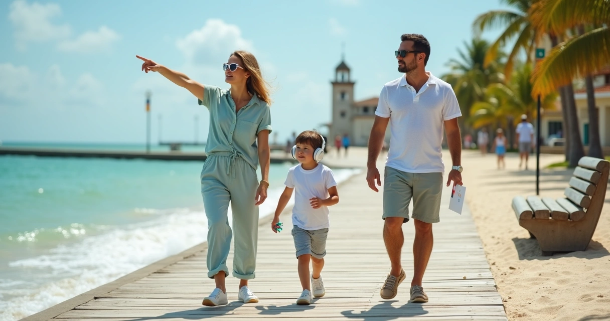 Família com criança autista passeando em orla tranquila de Ilhéus com guia local