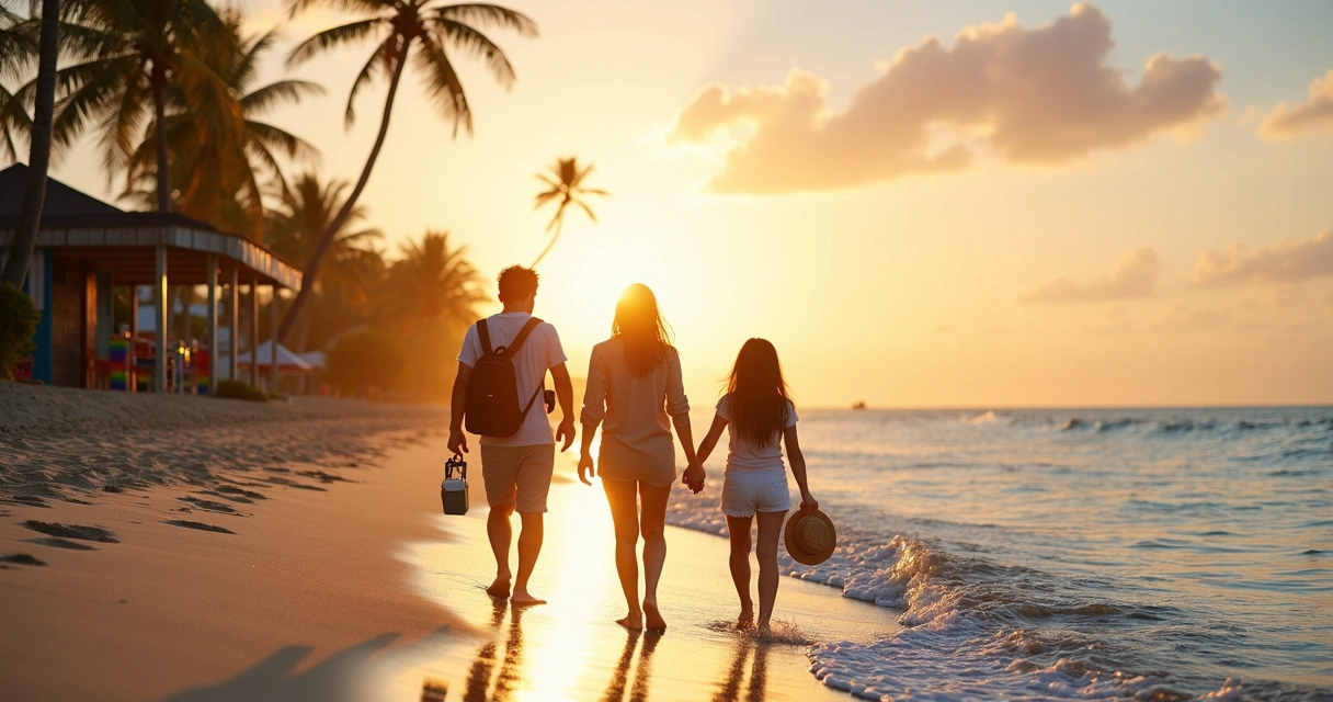 Família caminhando na areia em praia de Ilhéus ao pôr do sol
