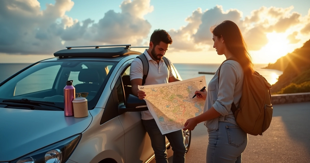 Família analisando mapa rodoviário do sul da Bahia ao lado de carro pequeno