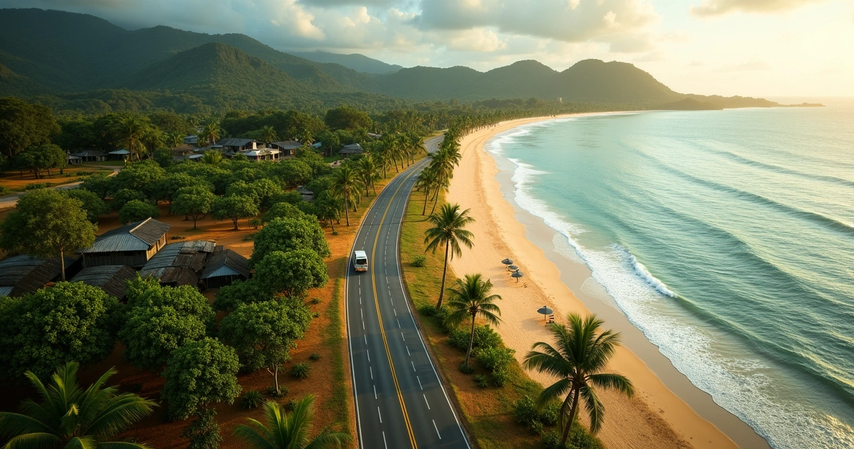 Vista aérea de estrada ligando fazenda de cacau e praia tropical na Bahia