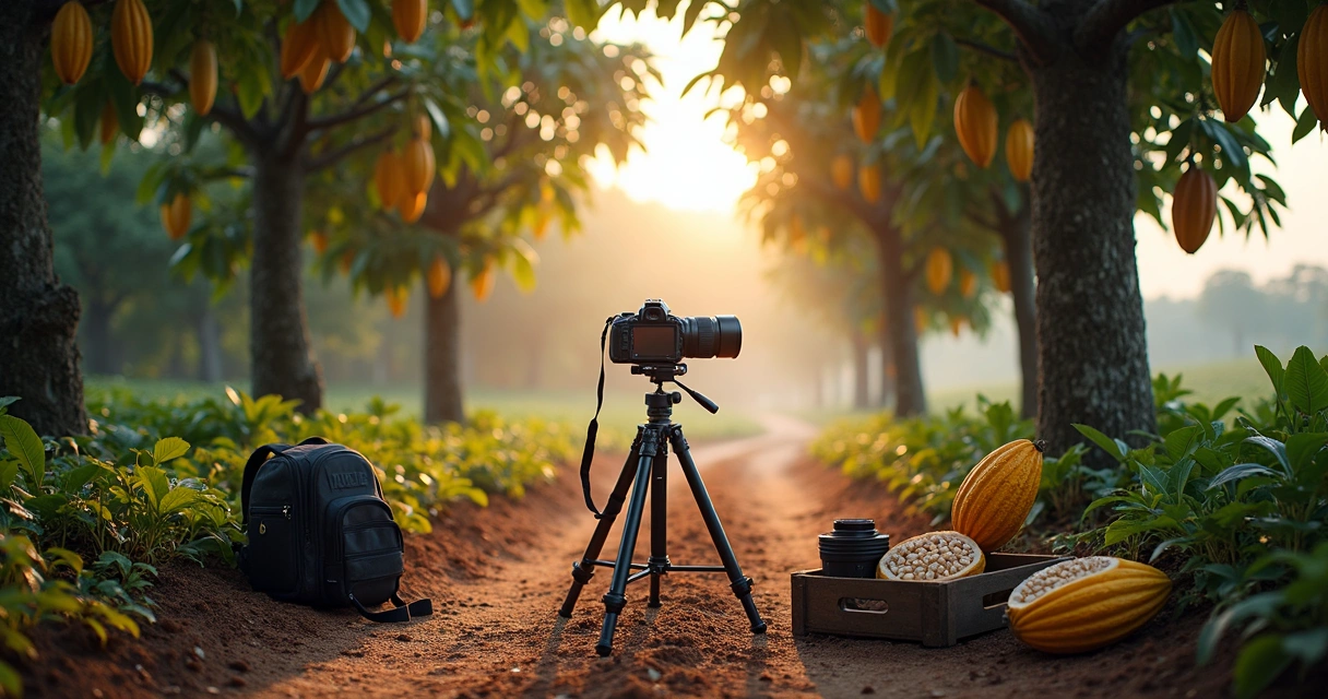 Fotógrafo posicionando tripé em fazenda de cacau no sul da Bahia ao amanhecer