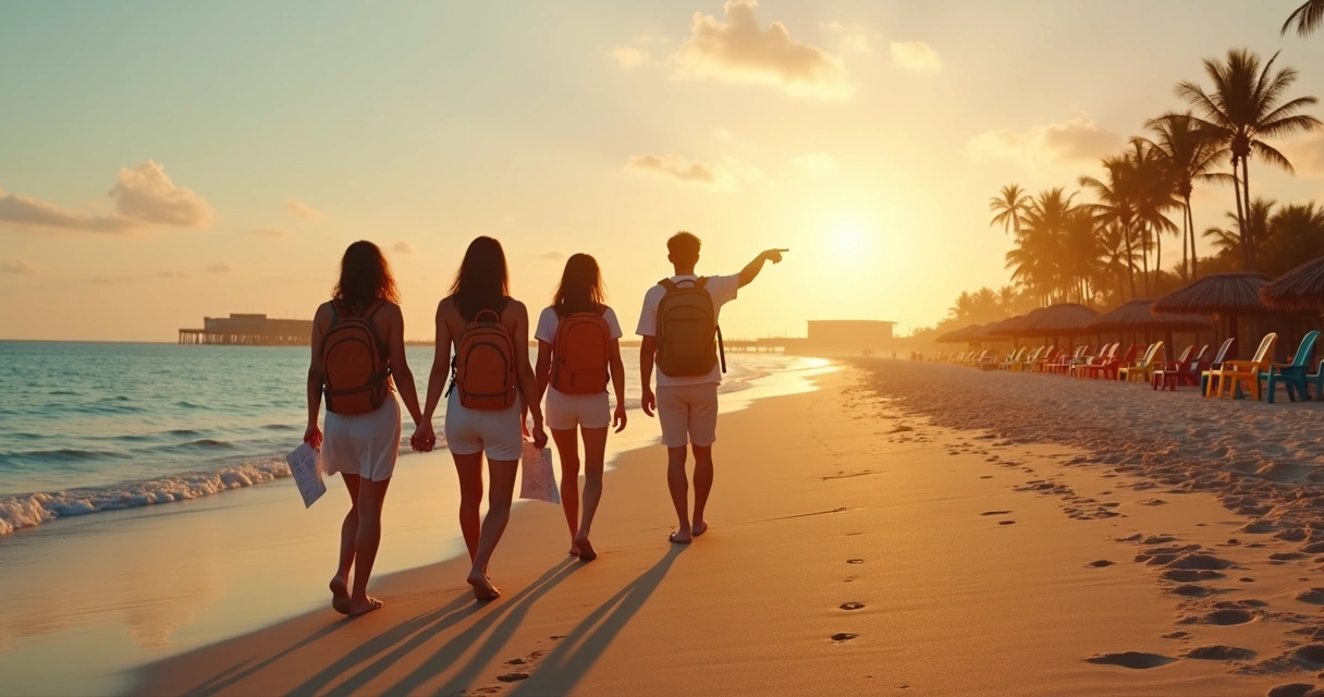 Grupo de amigos caminhando em praia de Ilhéus ao pôr do sol com mochilas simples