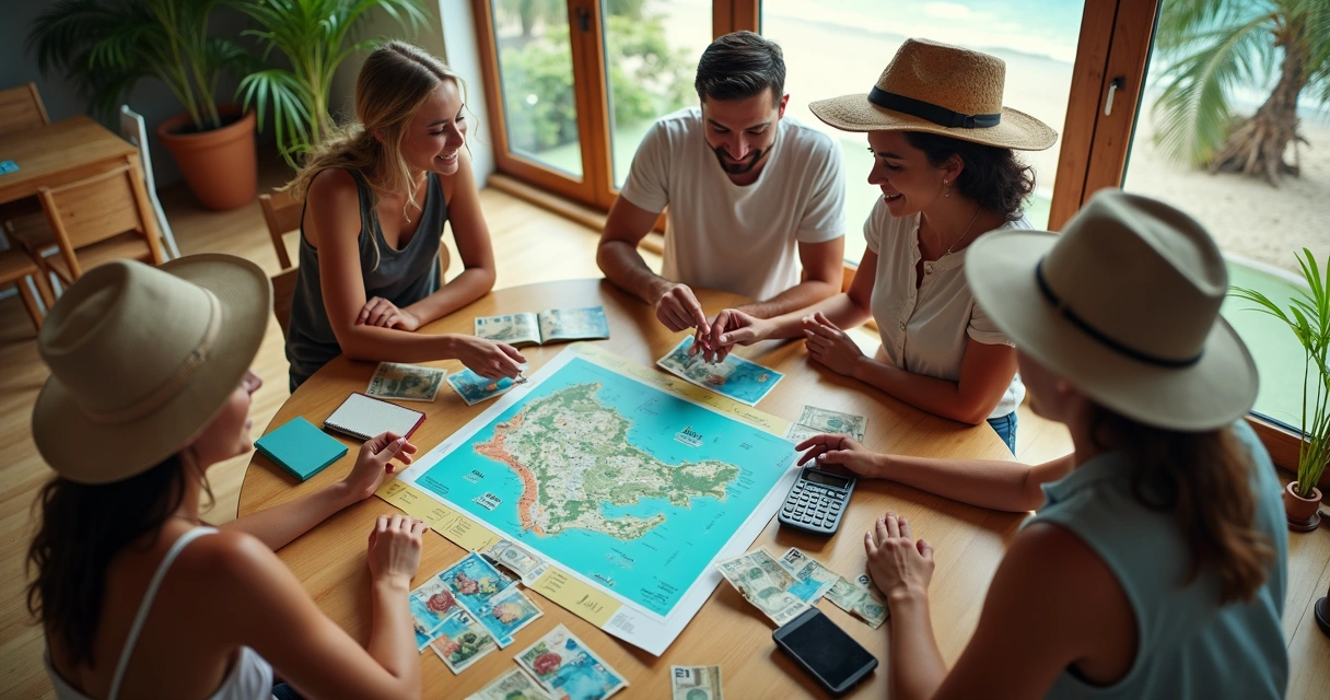 Guia mostrando mapa da Bahia para grupo de turistas em mesa com dinheiro e brochuras