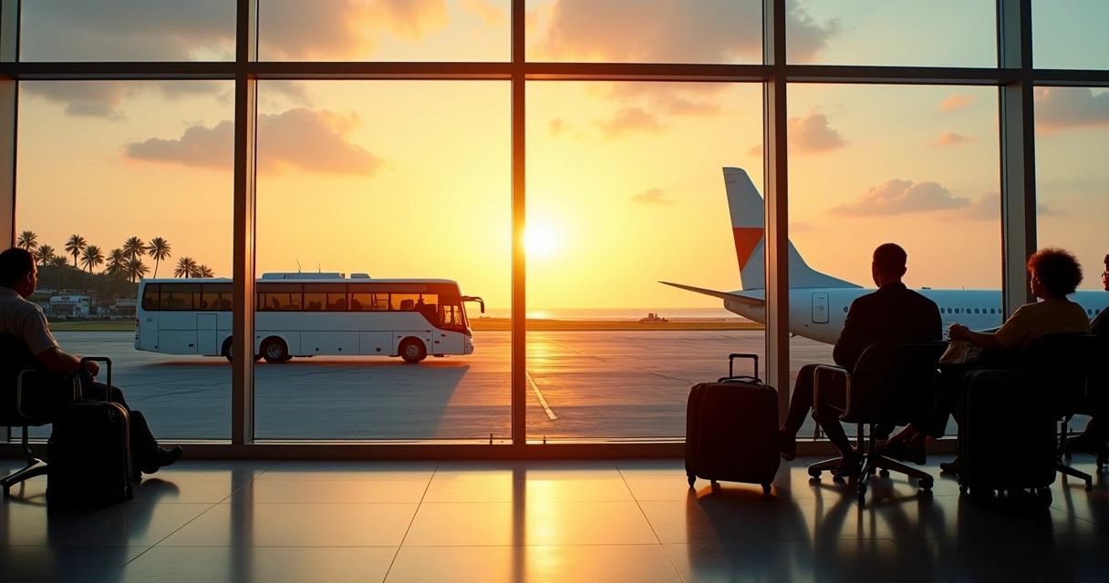 Ônibus rodoviário e avião vistos da janela sobre paisagem litorânea ensolarada