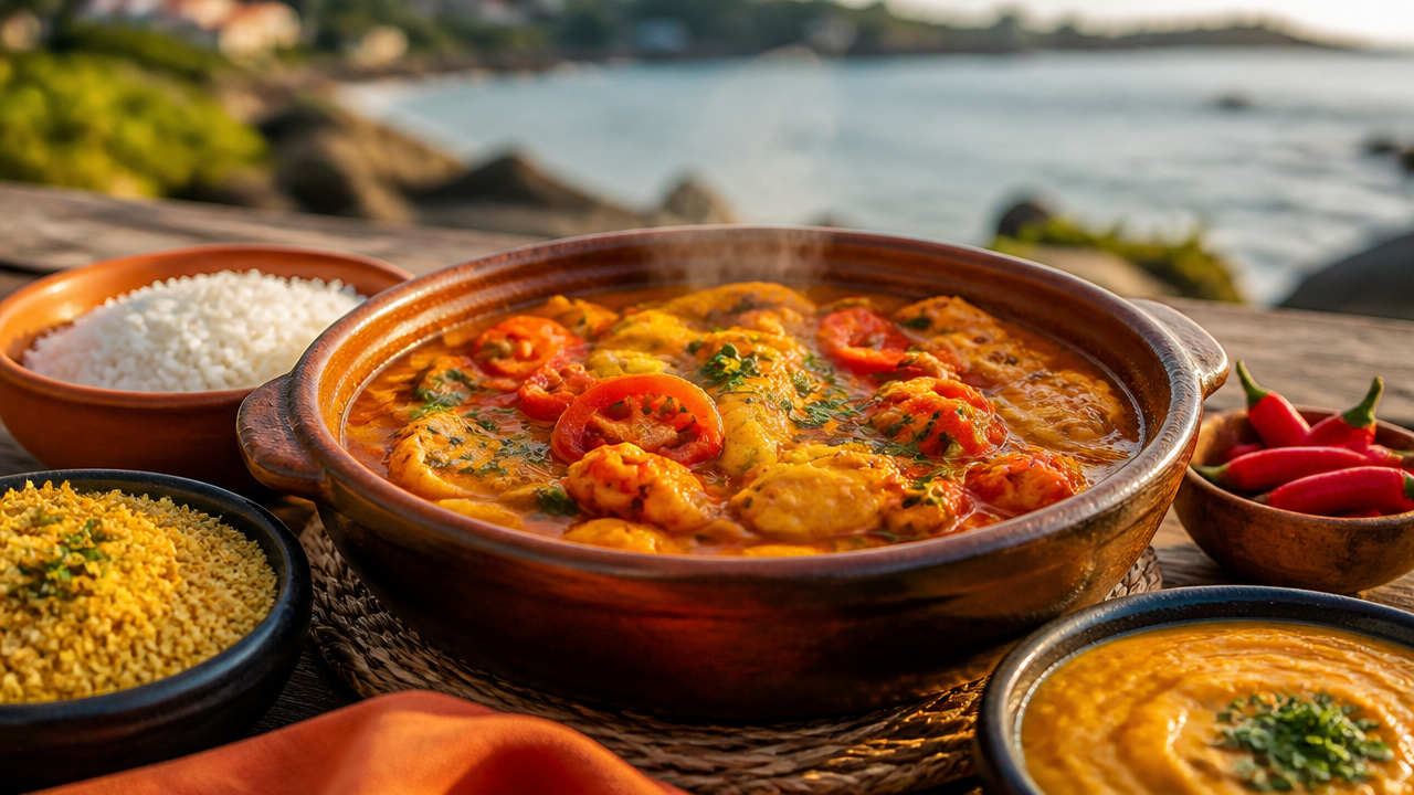 Panela de barro com moqueca baiana servida com arroz, farofa e pirão em uma mesa rústica