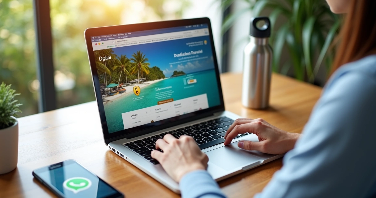 Pessoa reservando passeio online em notebook com selos de segurança na tela