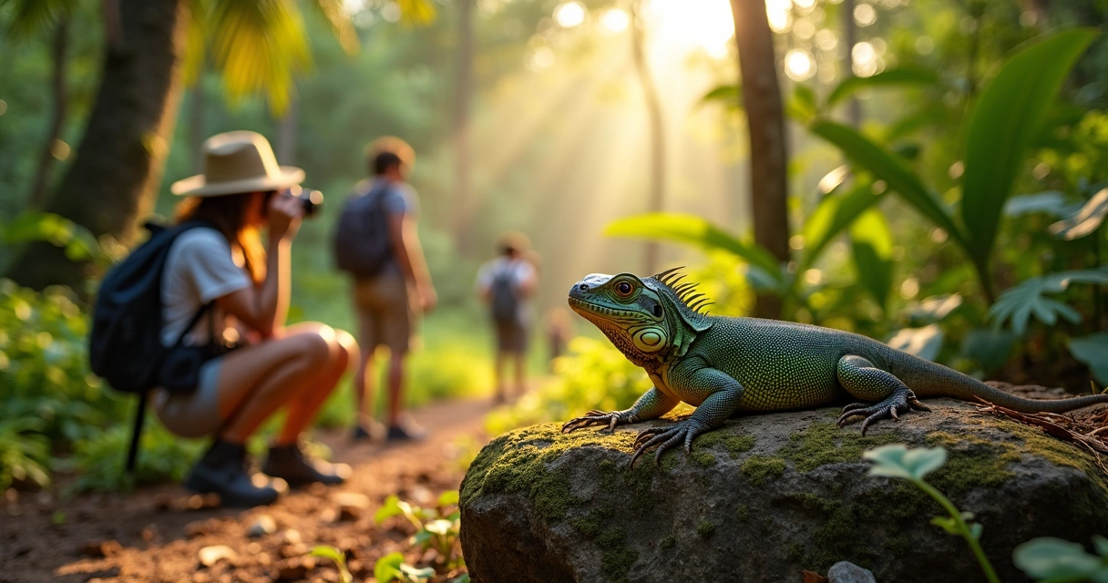 Turista observando réptil com binóculos em trilha na mata atlântica