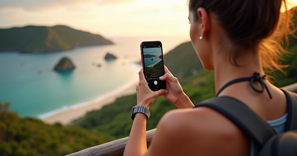 Turista usando celular e câmera para registrar viagem em mirante litorâneo