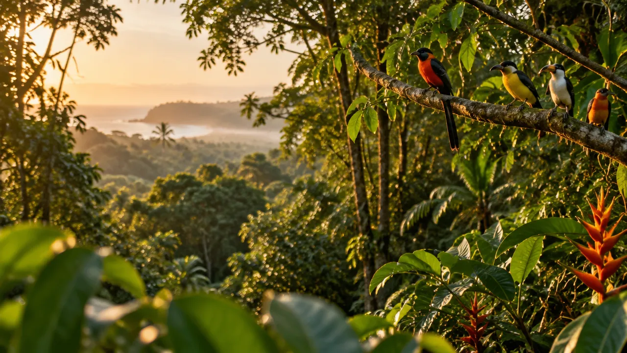 Aves silvestres entre a folhagem da Mata Atlântica em Ilhéus ao amanhecer