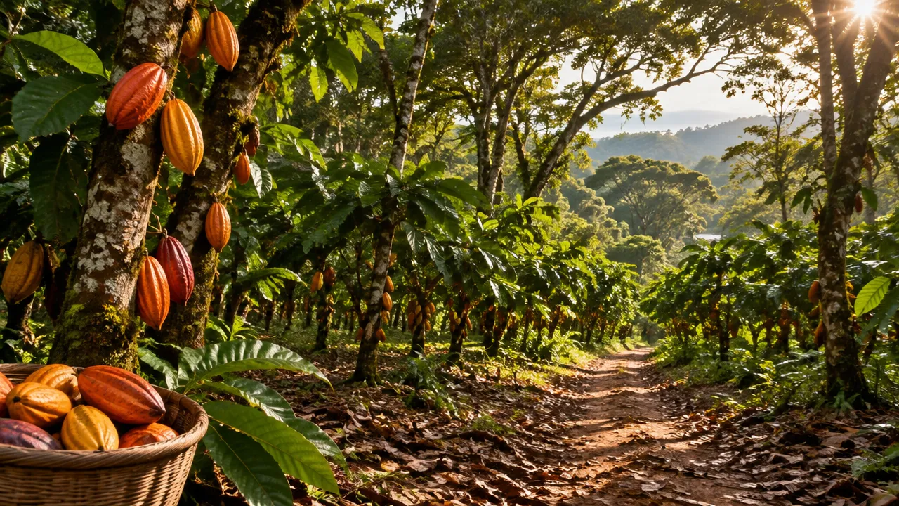 Cacaueiros carregados de frutos em uma fazenda sombreada de Ilhéus, no sul da Bahia