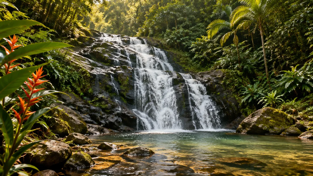 Cachoeira tropical cercada pela Mata Atlântica no sul da Bahia