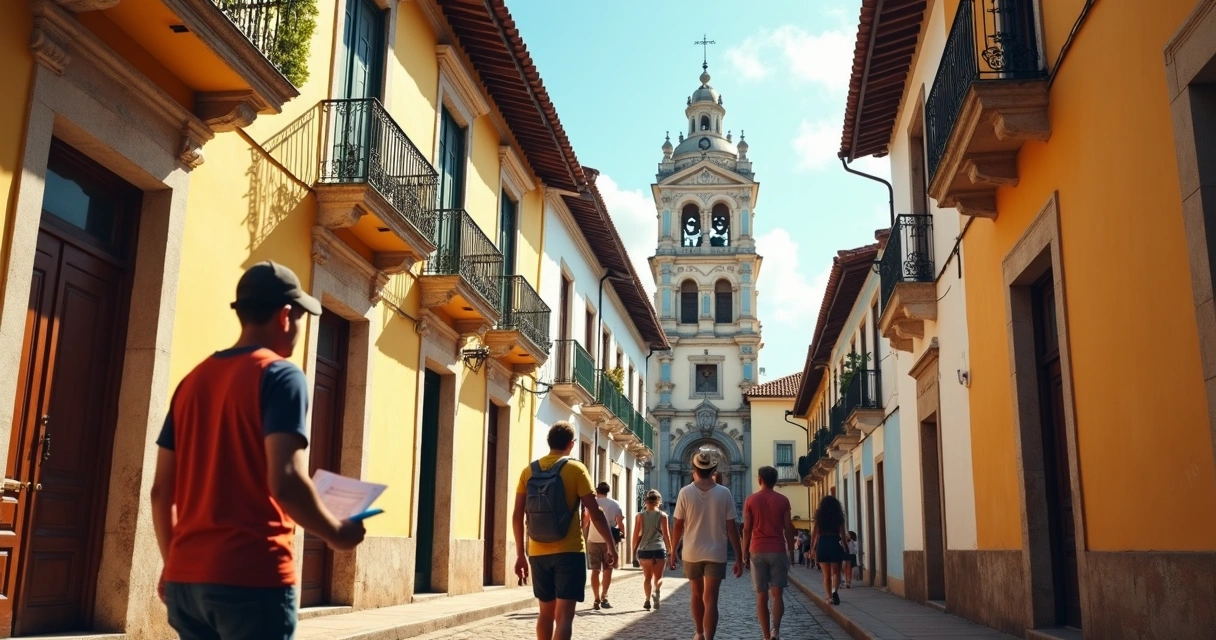 Turistas caminhando por rua histórica com casarões coloniais coloridos no sul da Bahia