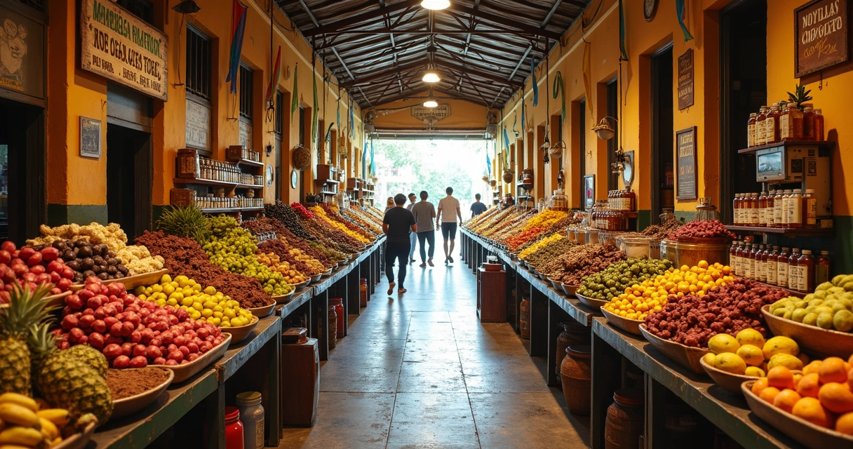Corredor de mercado municipal em Ilhéus com barracas coloridas de frutas e produtos regionais