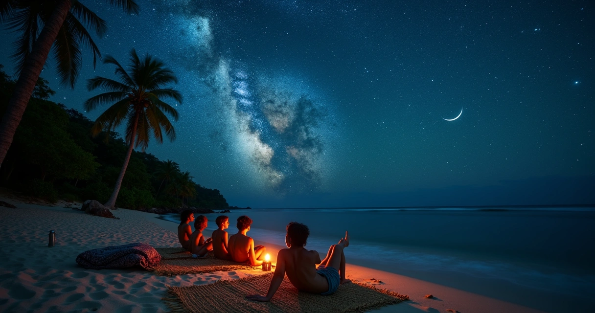 Grupo observando o céu estrelado deitado em esteiras na areia de praia deserta