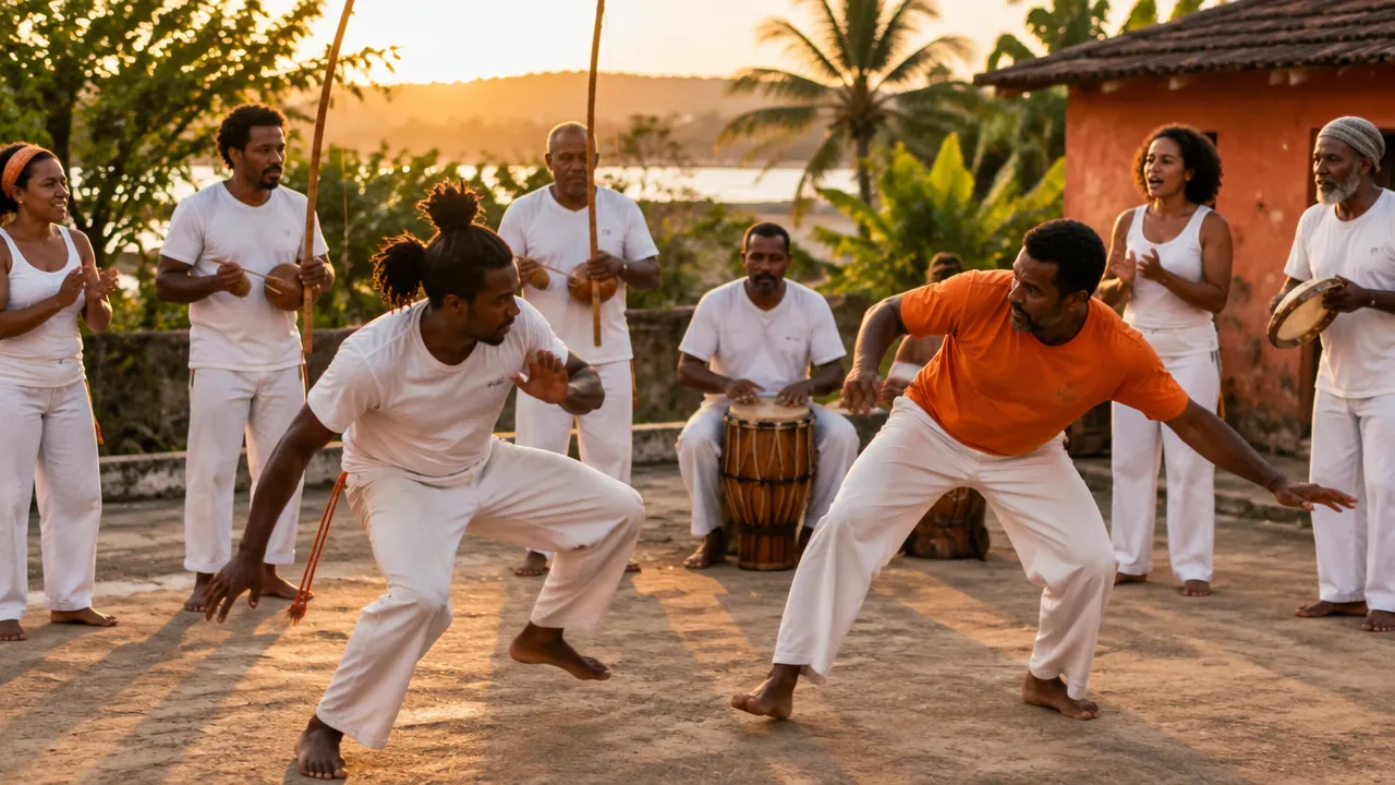 Roda de capoeira comunitária com músicos e praticantes em um pátio ao ar livre no sul da Bahia