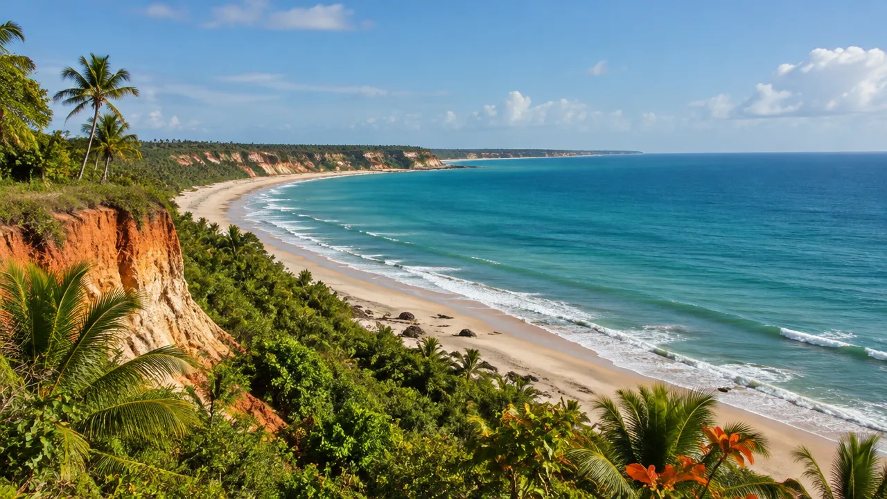 Vista panorâmica do litoral de Serra Grande, com Mata Atlântica, falésias e oceano ao fundo